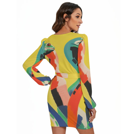 All-Over Print Women's Long Sleeve Dress With Waist Belt