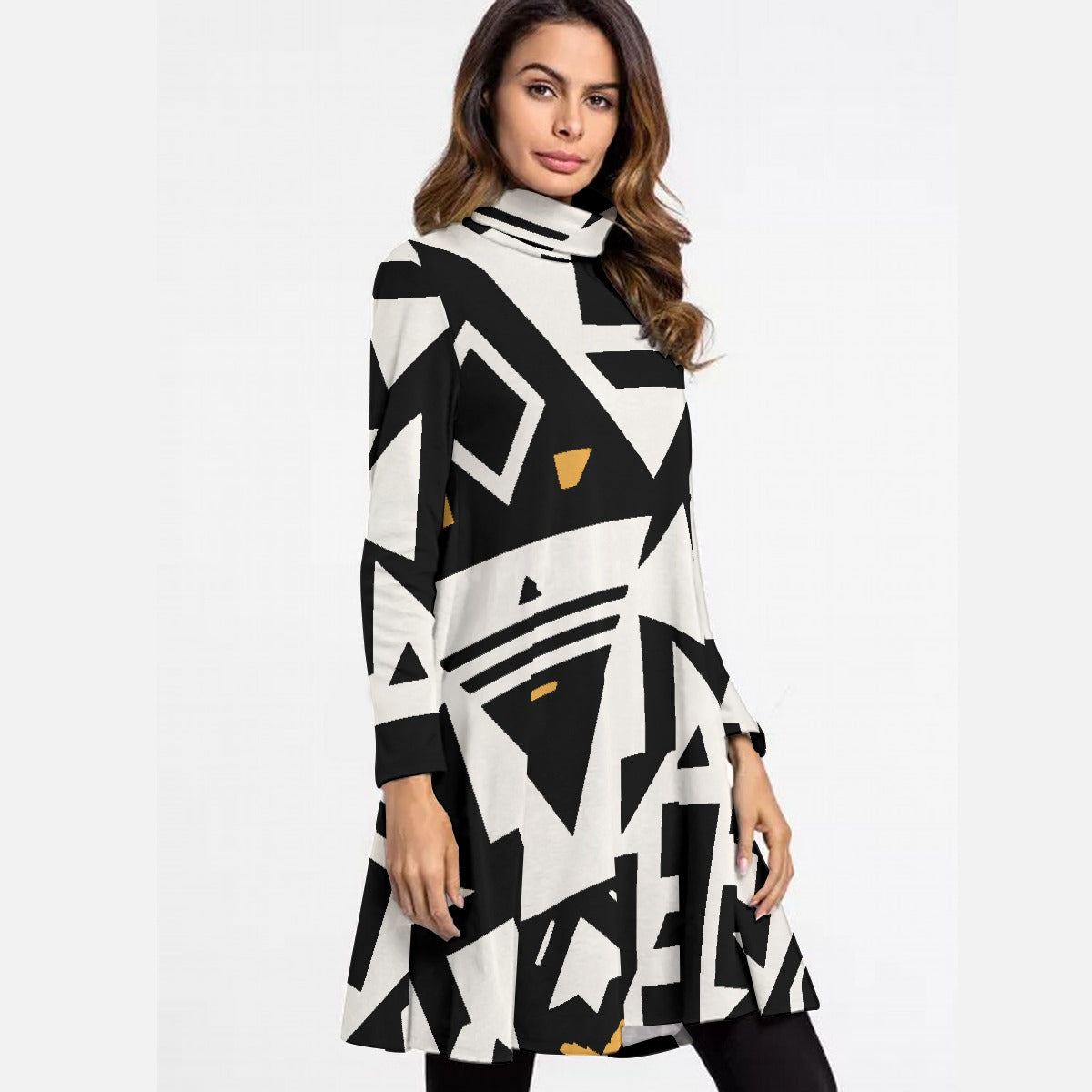 All-Over Print Women's High Neck Dress With Long Sleeve