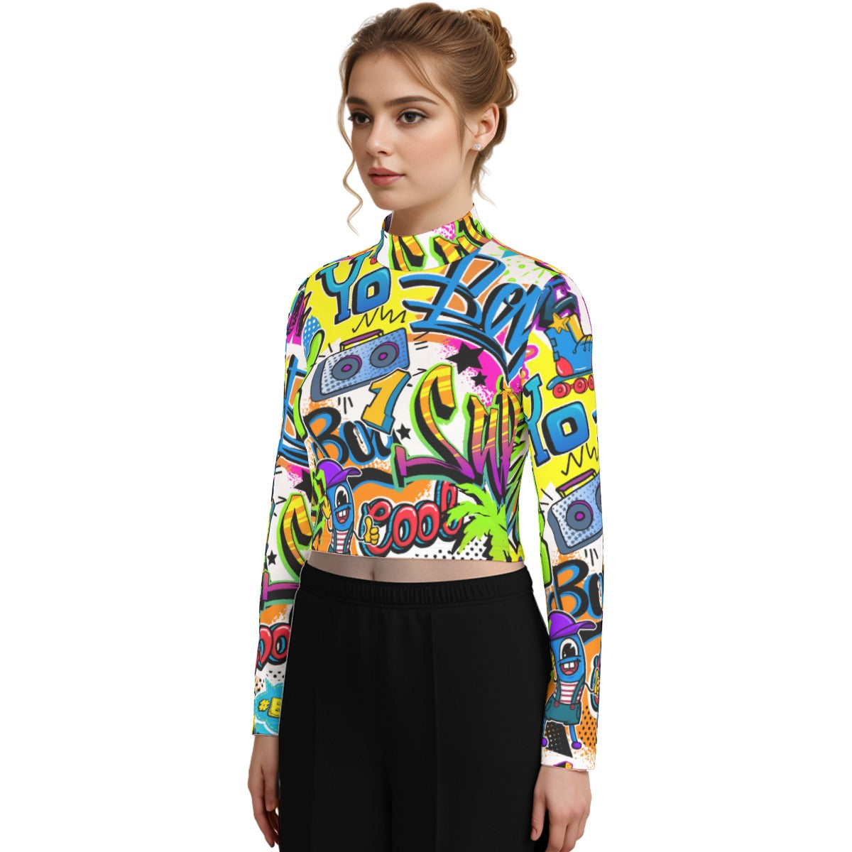 Eco-Friendly All-Over Print Women's Turtleneck T-shirt With Long Sleeve