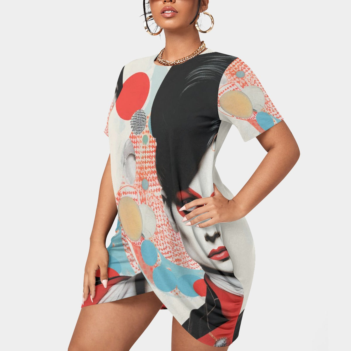 All-Over Print Women’s Stacked Hem Dress With Short Sleeve（Plus Size）