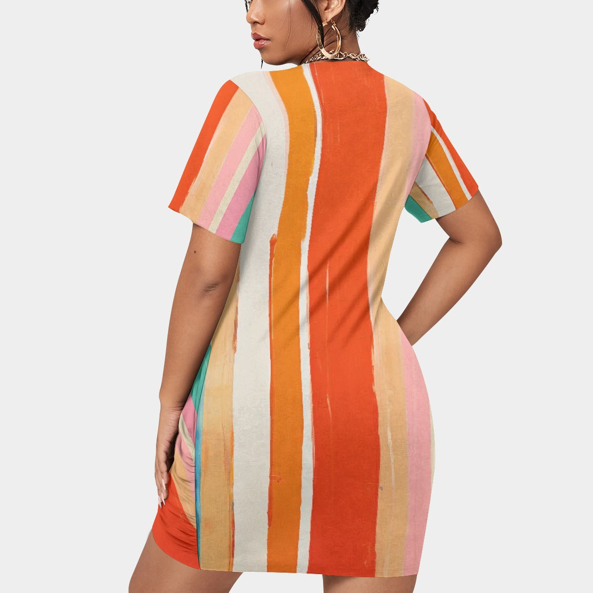 All-Over Print Women’s Stacked Hem Dress With Short Sleeve（Plus Size）