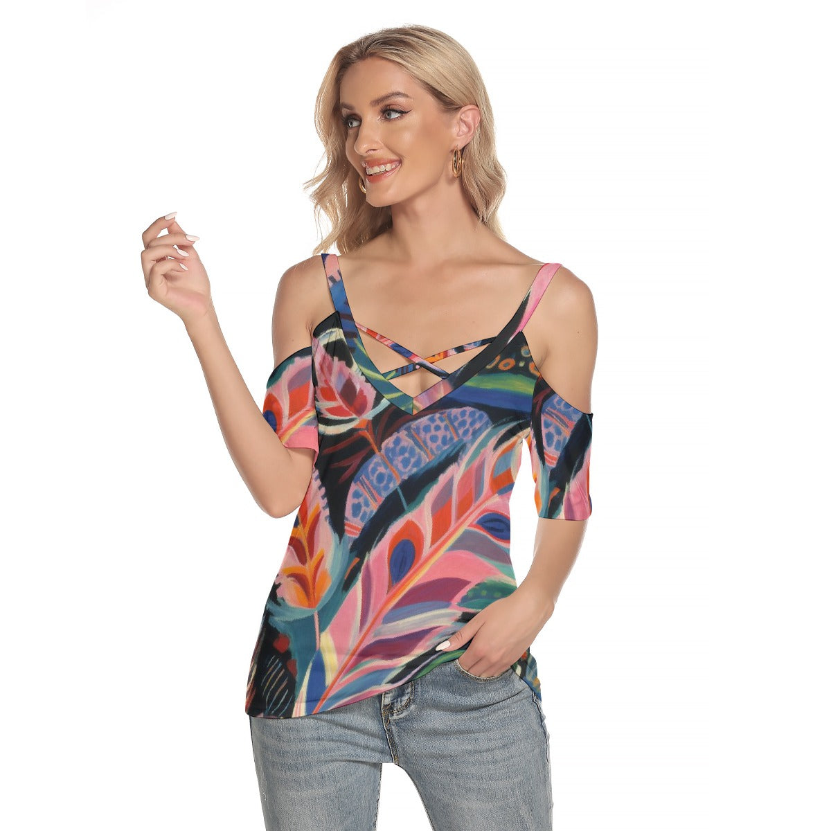 All-Over Print Women's Cold Shoulder T-shirt With Criss Cross Strips