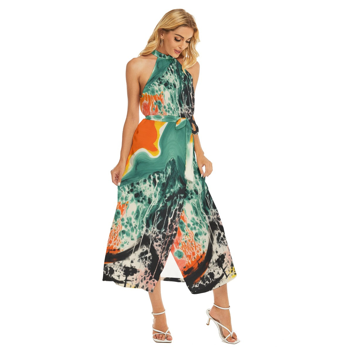 All-Over Print Women's Wrap Hem Belted Halter Dress