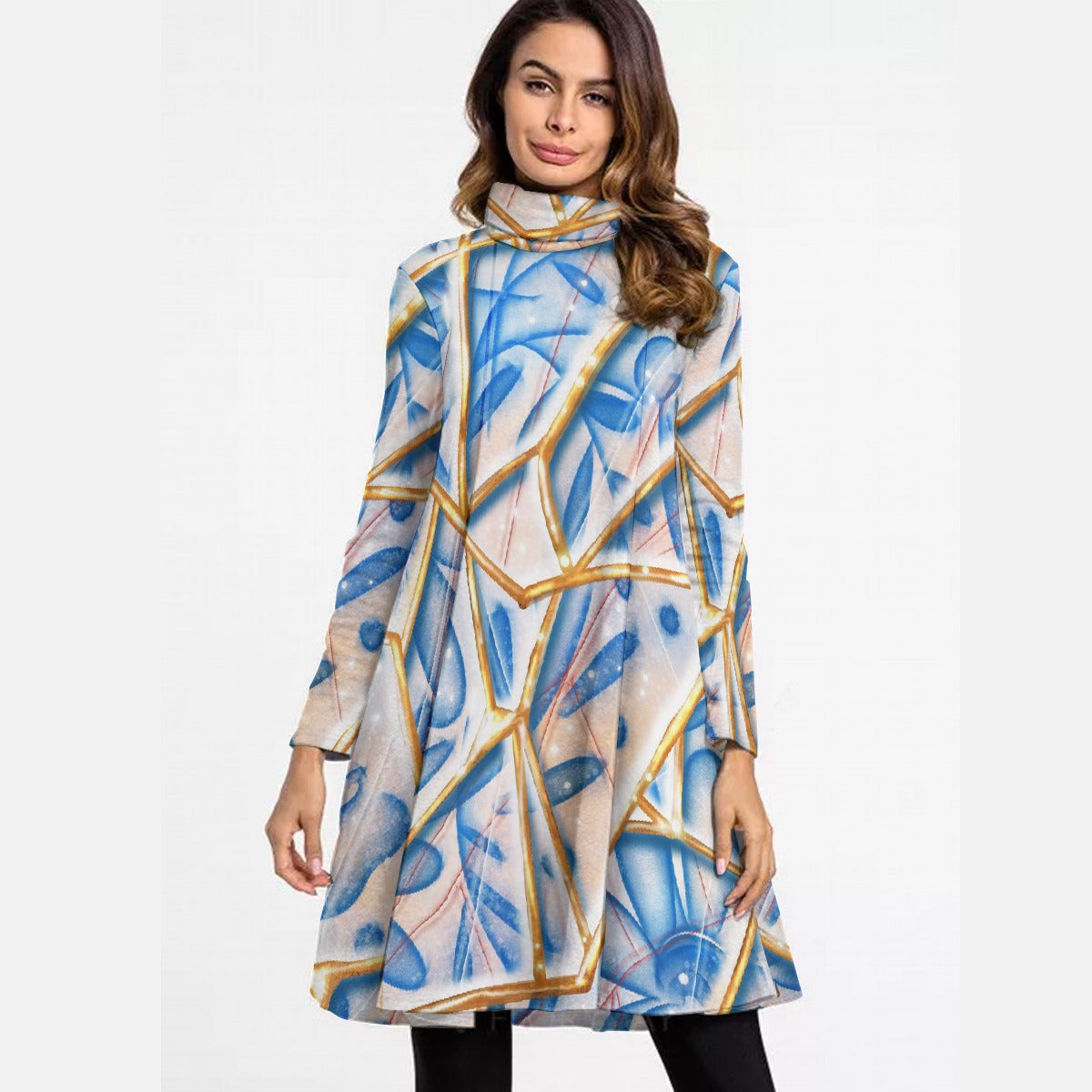 All-Over Print Women's High Neck Dress With Long Sleeve