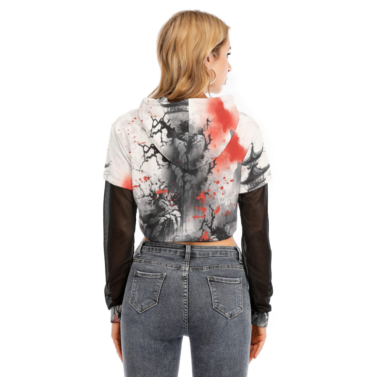 All-Over Print Women's Fake Two-piece Mesh Sleeve Cropped Hoodie