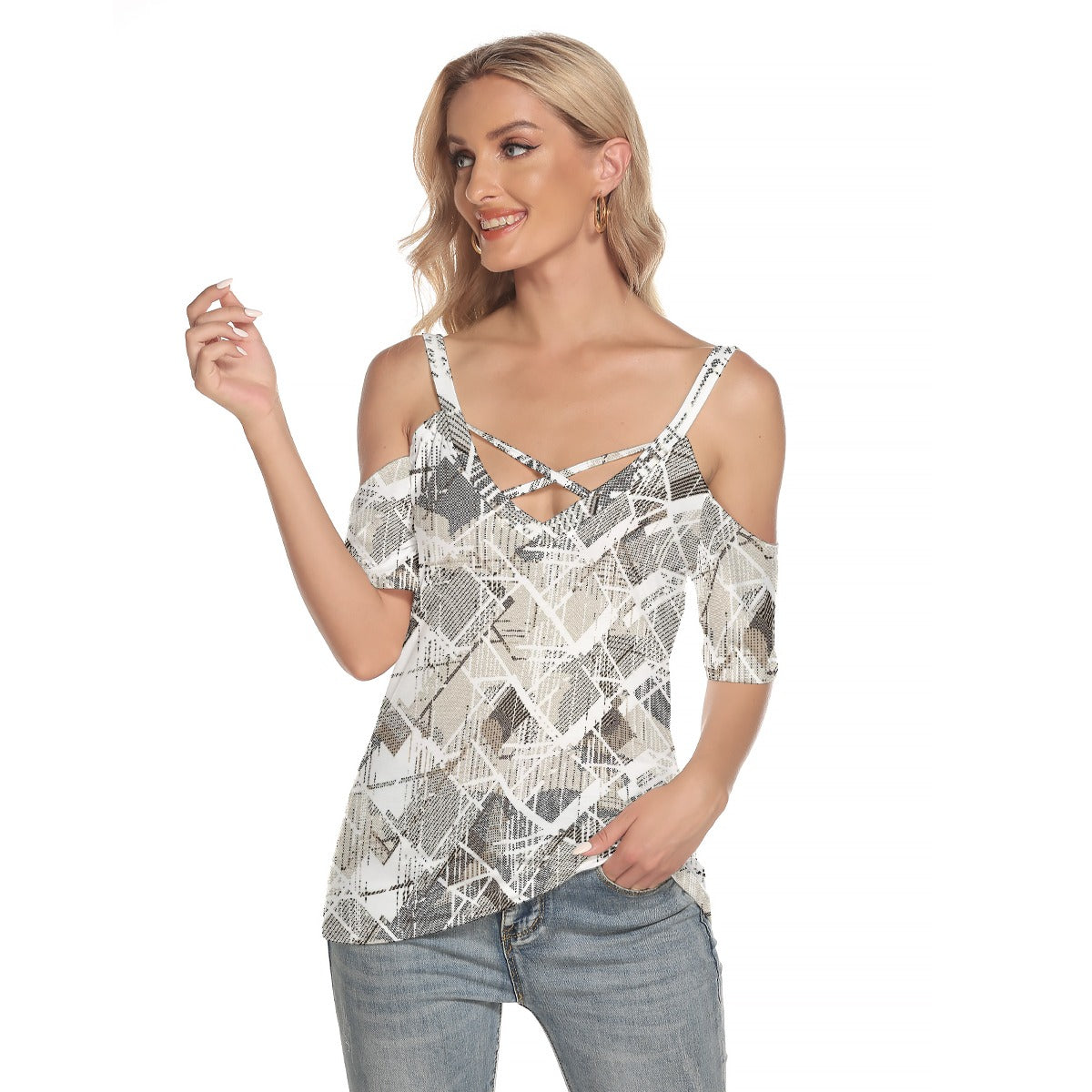 All-Over Print Women's Cold Shoulder T-shirt With Criss Cross Strips