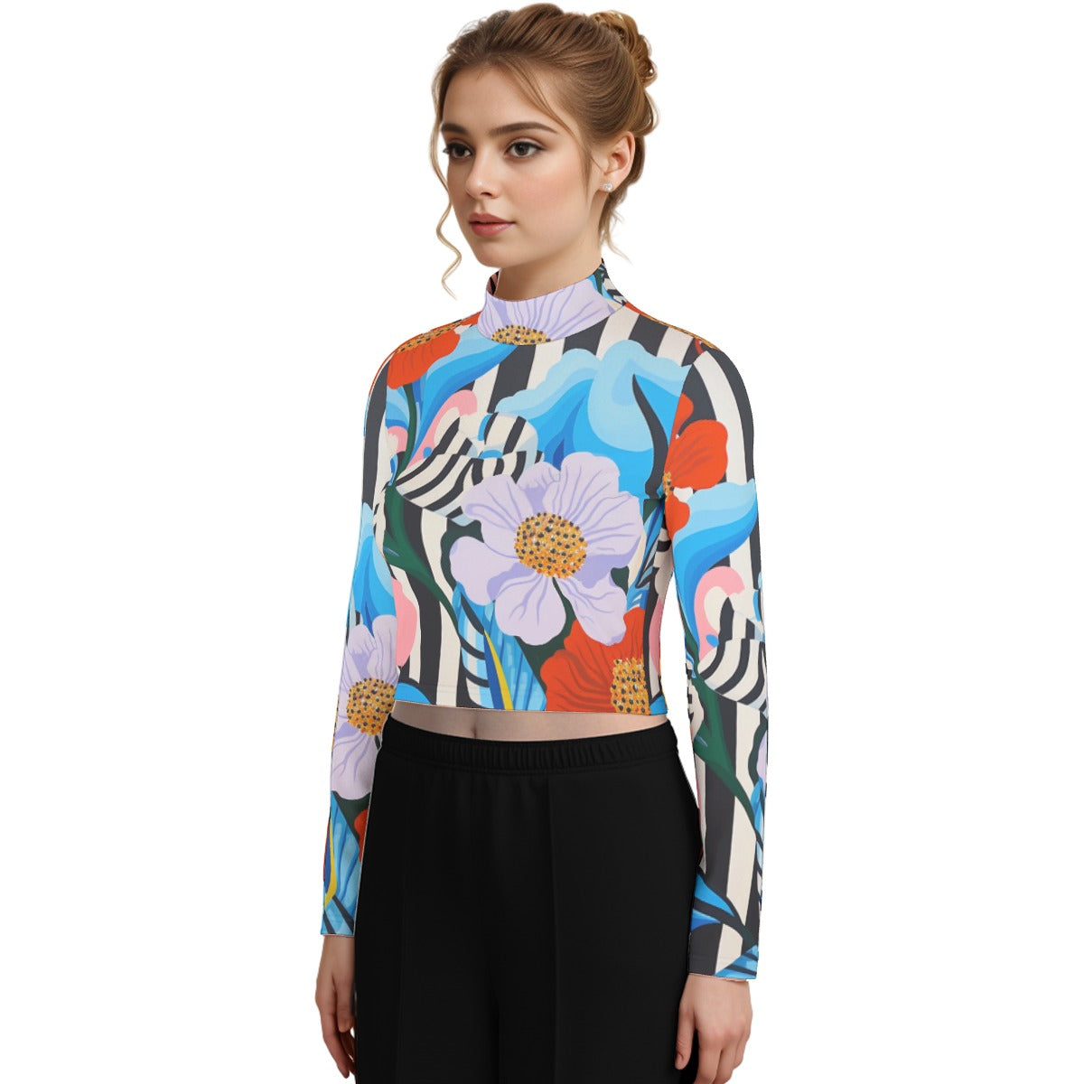 Eco-Friendly All-Over Print Women's Turtleneck T-shirt With Long Sleeve