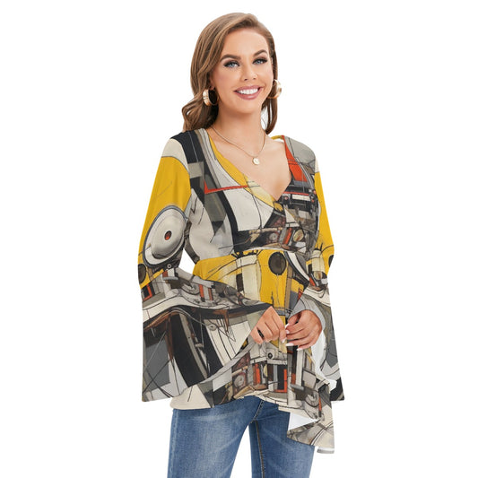 All-Over Print Women's V-neck Blouse With Flared Sleeves