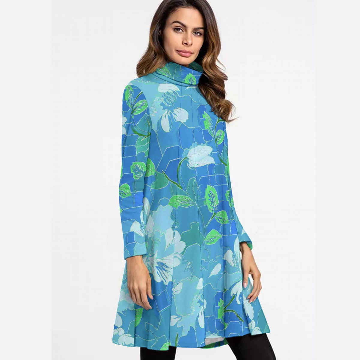 All-Over Print Women's High Neck Dress With Long Sleeve