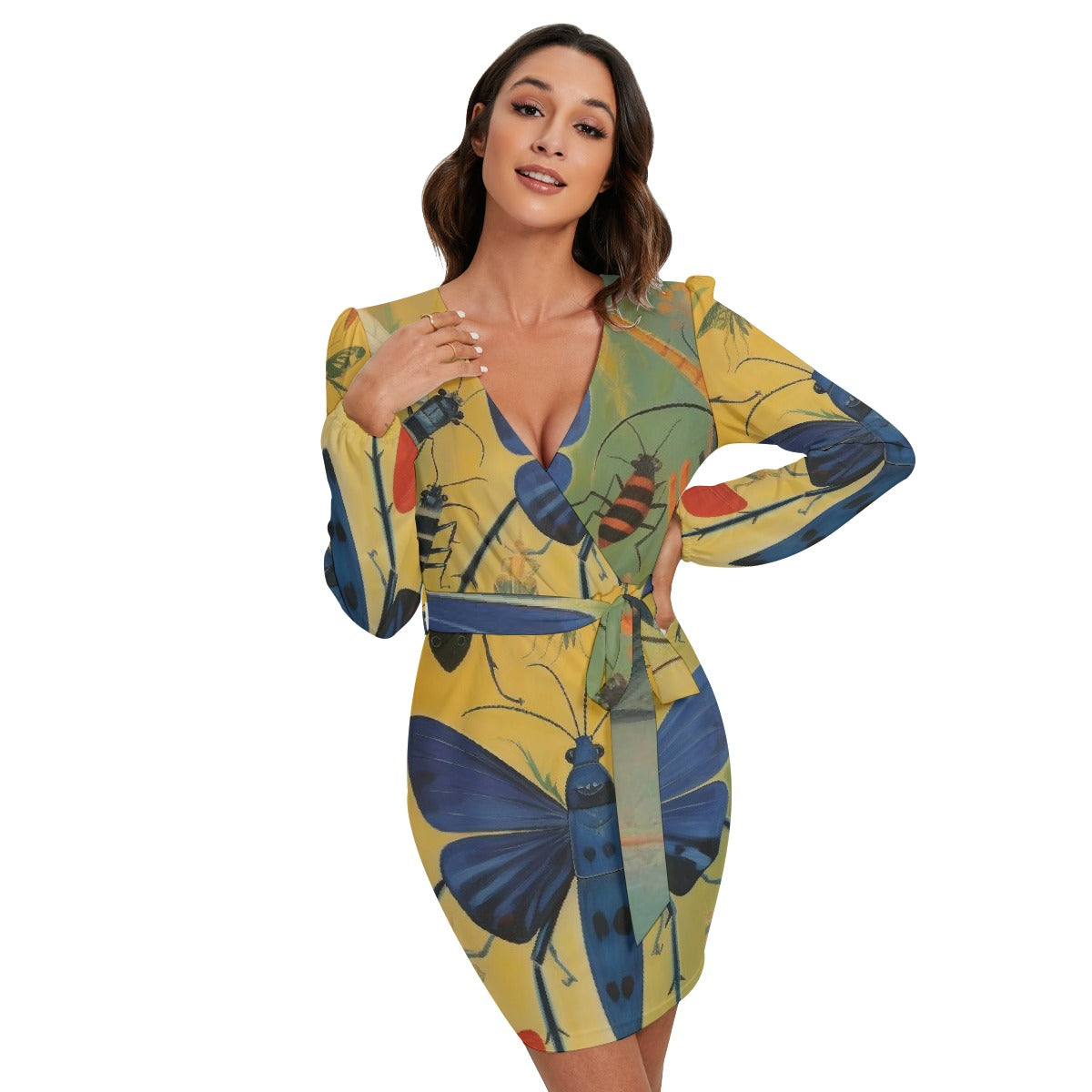 All-Over Print Women's Long Sleeve Dress With Waist Belt