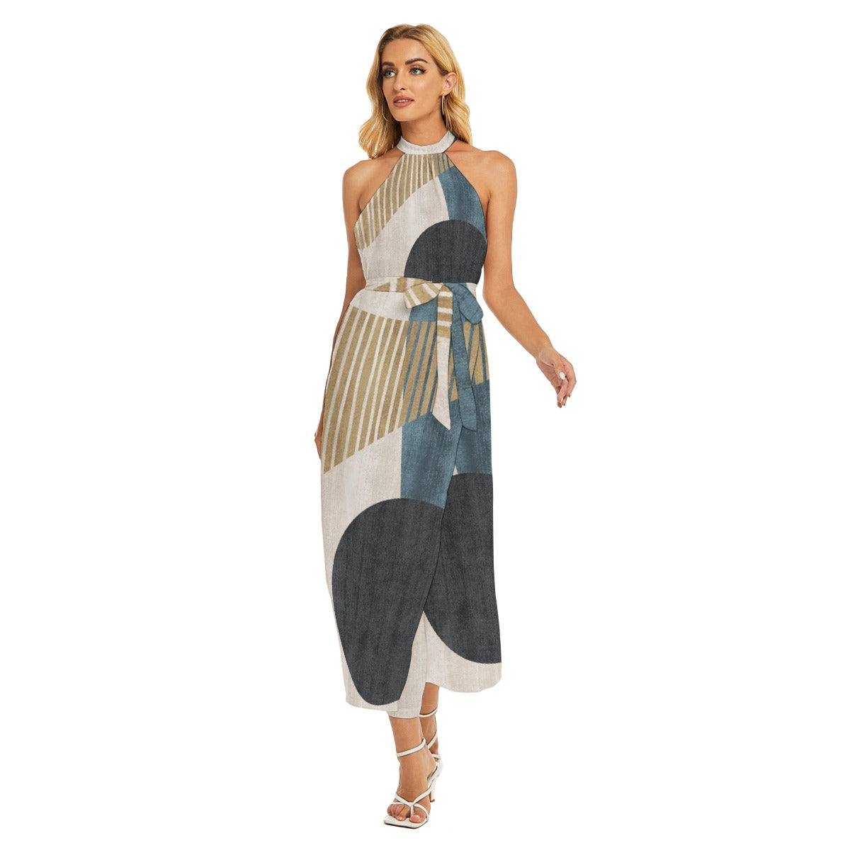 All-Over Print Women's Wrap Hem Belted Halter Dress