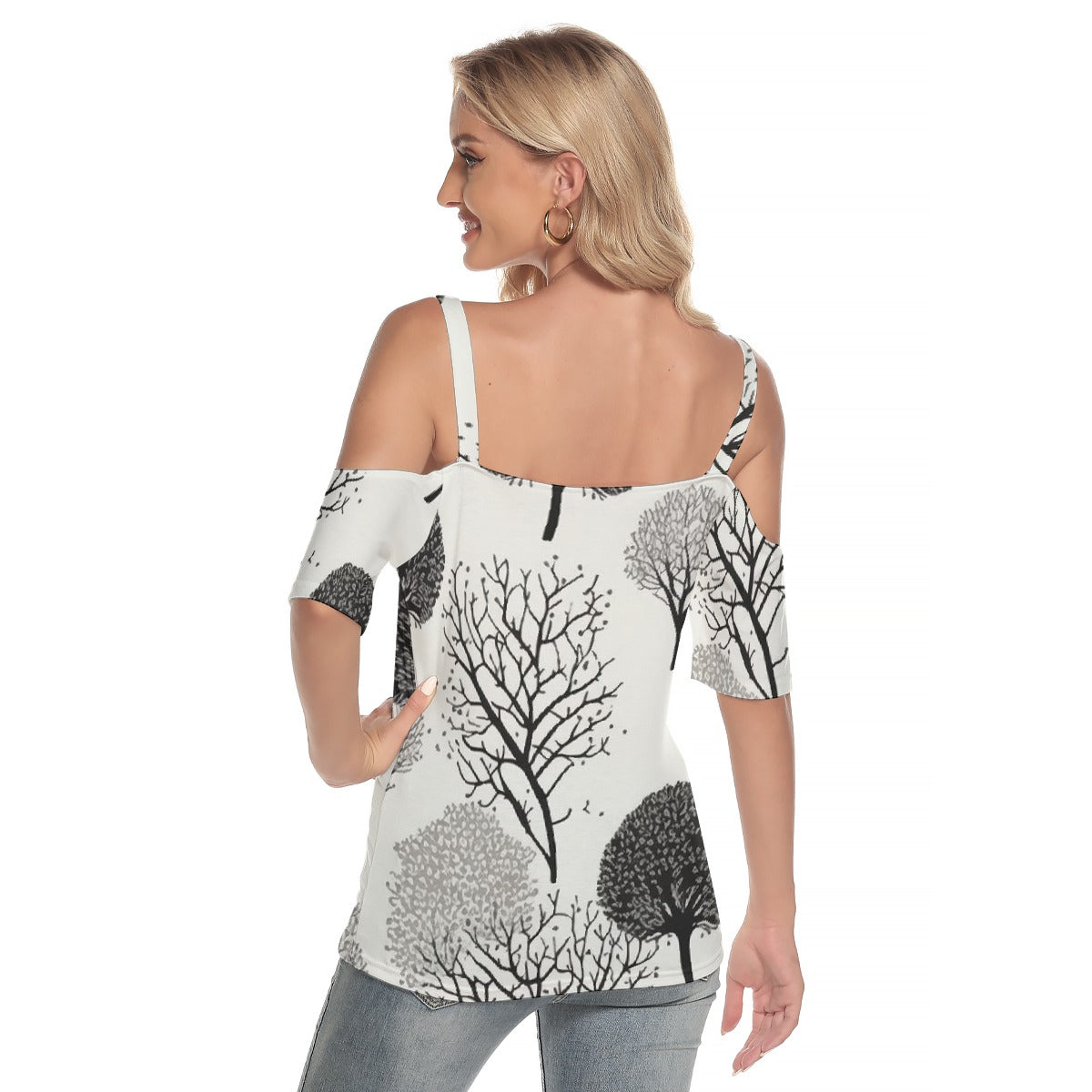 All-Over Print Women's Cold Shoulder T-shirt With Criss Cross Strips