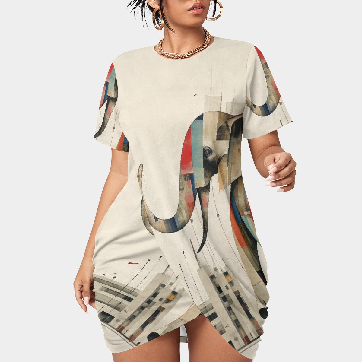 All-Over Print Women’s Stacked Hem Dress With Short Sleeve（Plus Size）