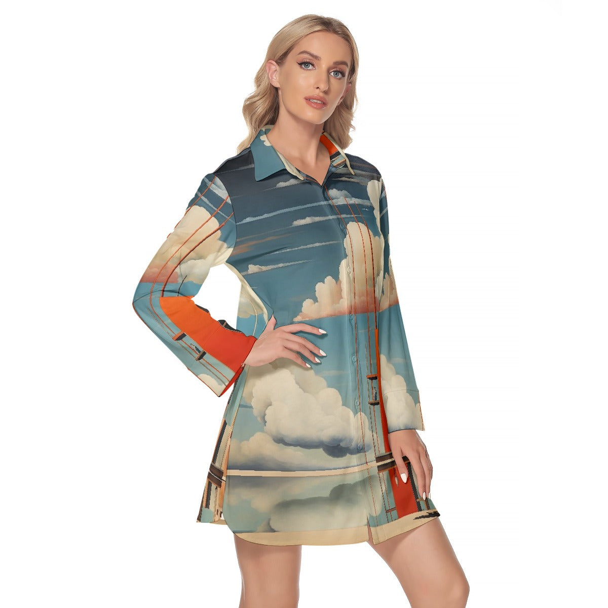 All-Over Print Women's Lapel Shirt Dress With Long Sleeve