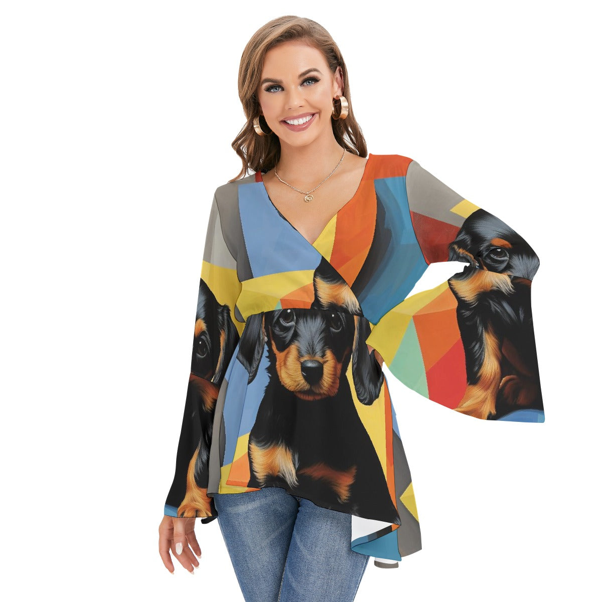 All-Over Print Women's V-neck Blouse With Flared Sleeves