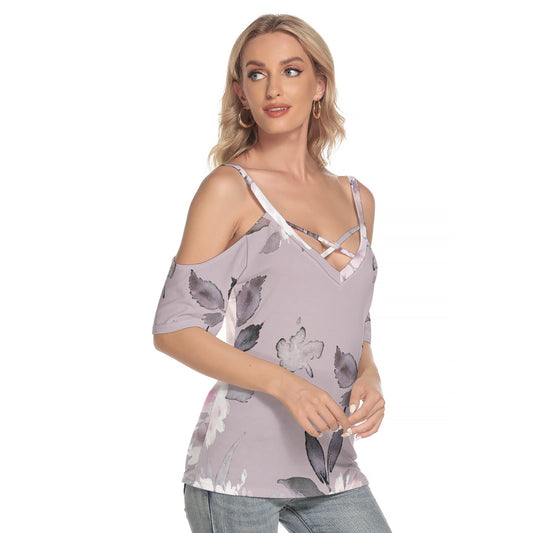 All-Over Print Women's Cold Shoulder T-shirt With Criss Cross Strips