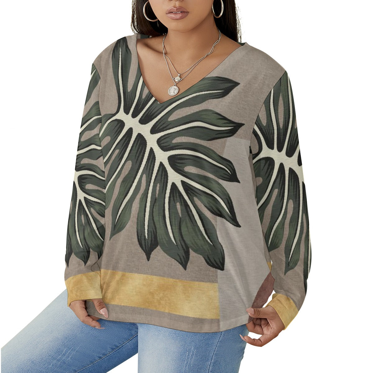 All-Over Print Women's V-neck T-shirt With Curved Hem(Plus Size)