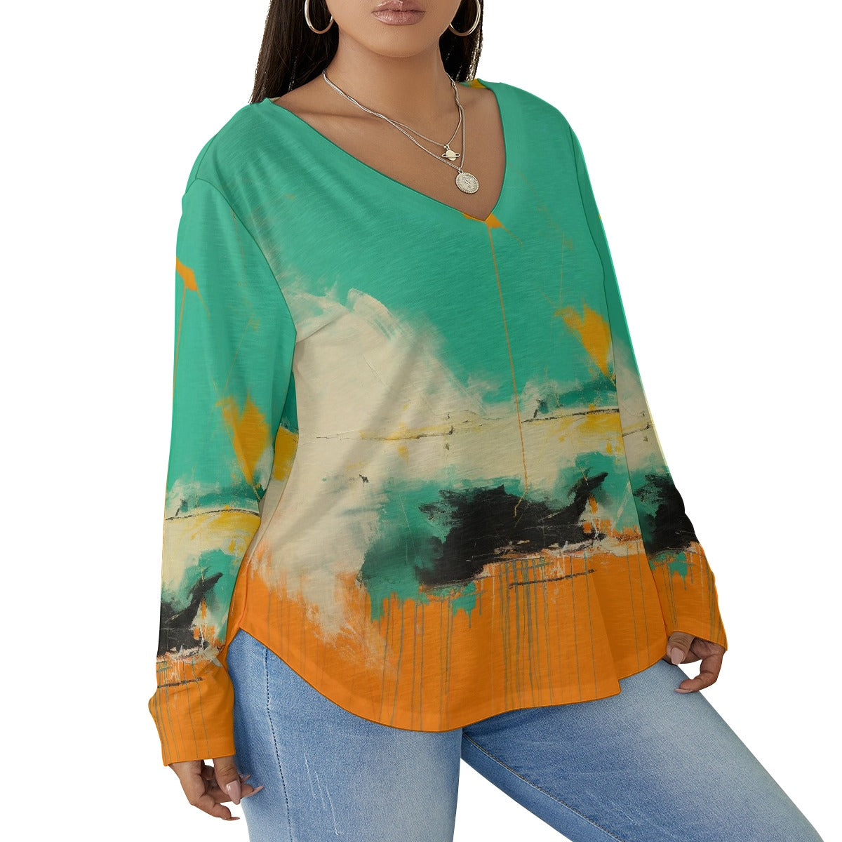 All-Over Print Women's V-neck T-shirt With Curved Hem(Plus Size)