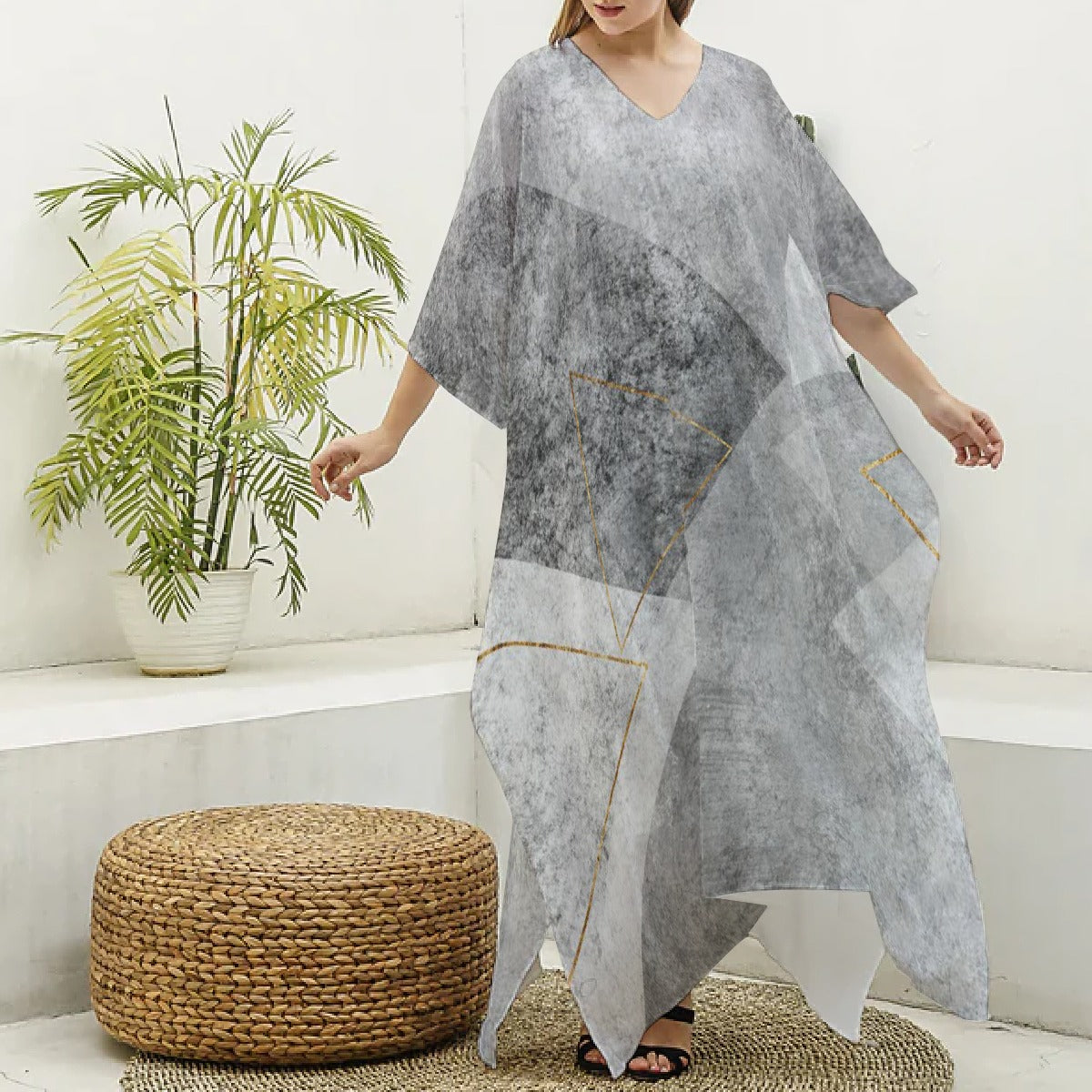 All-Over Print Women's Imitation Silk V-neck Kaftan Robe