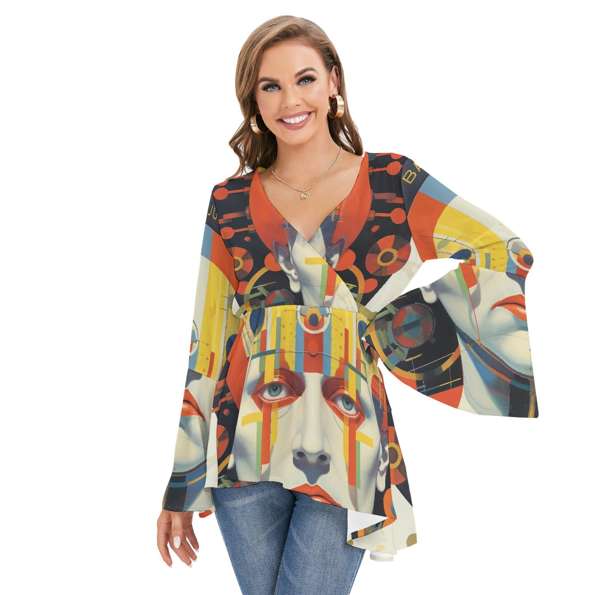 All-Over Print Women's V-neck Blouse With Flared Sleeves