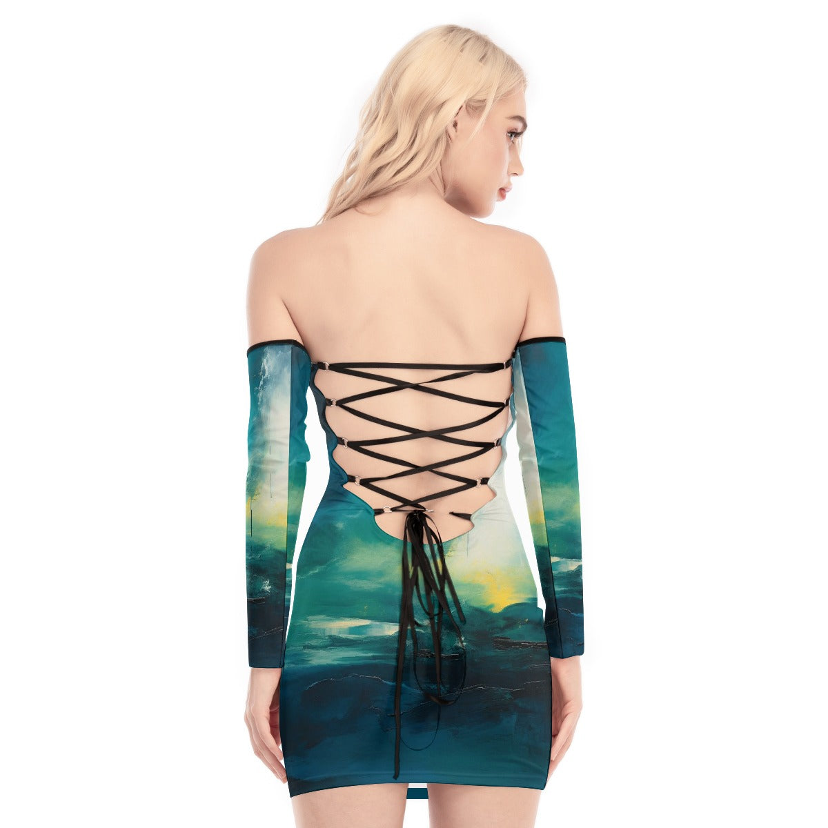 All-Over Print Women's Off-shoulder Back Lace-up Dress