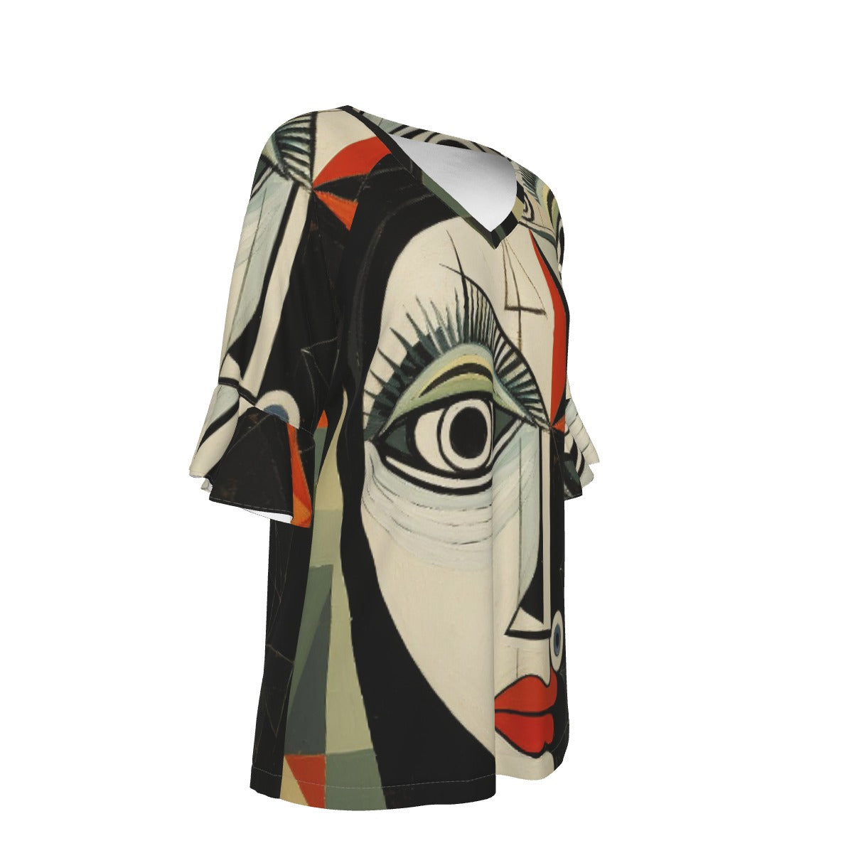 All-Over Print V-neck Women's T-shirt With Bell Sleeve