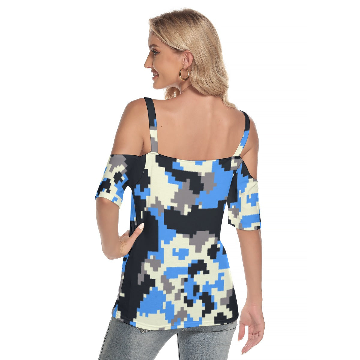 All-Over Print Women's Cold Shoulder T-shirt With Criss Cross Strips