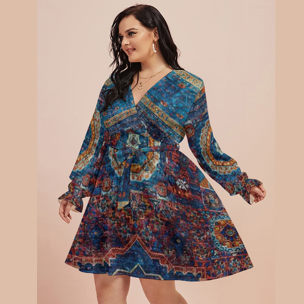 All-Over Print Women's V-neck Dress With Waistband(Plus Size)