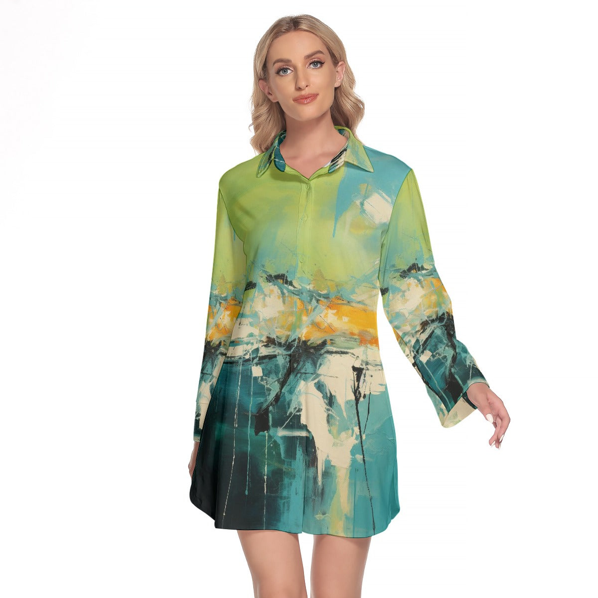 All-Over Print Women's Lapel Shirt Dress With Long Sleeve