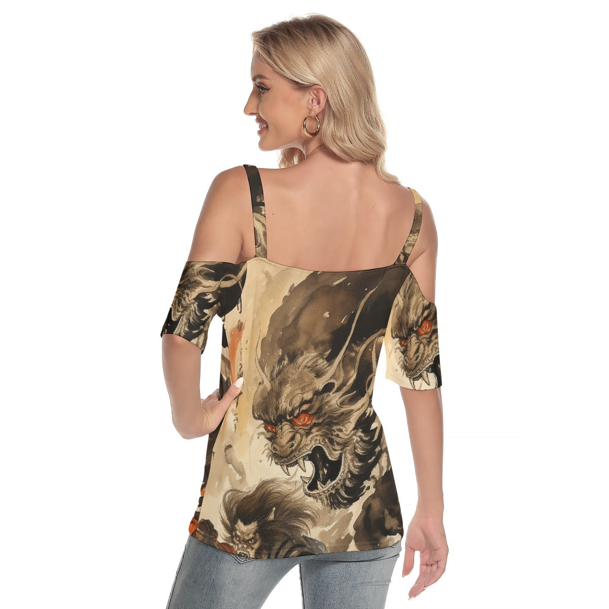 All-Over Print Women's Cold Shoulder T-shirt With Criss Cross Strips