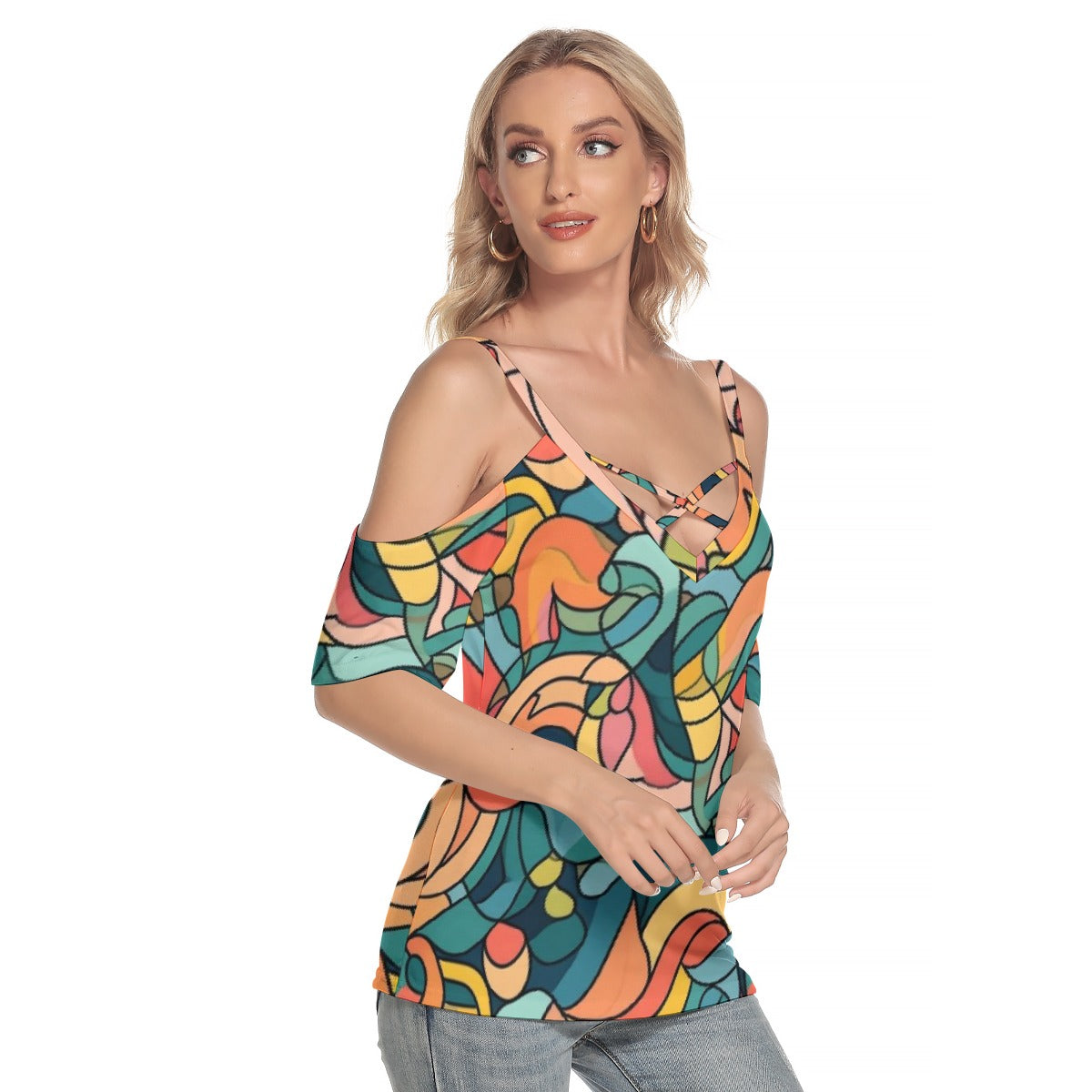 All-Over Print Women's Cold Shoulder T-shirt With Criss Cross Strips