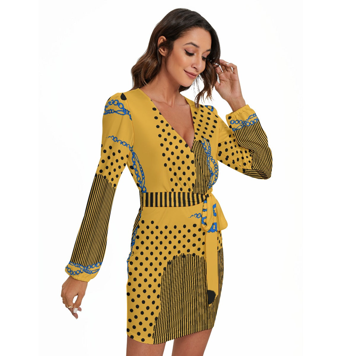 All-Over Print Women's Long Sleeve Dress With Waist Belt