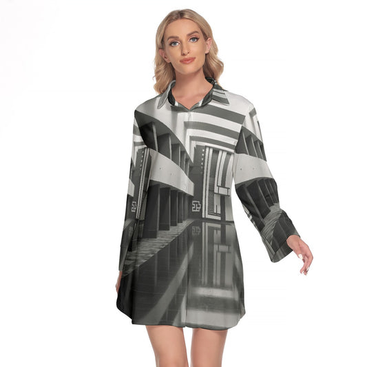 All-Over Print Women's Lapel Shirt Dress With Long Sleeve