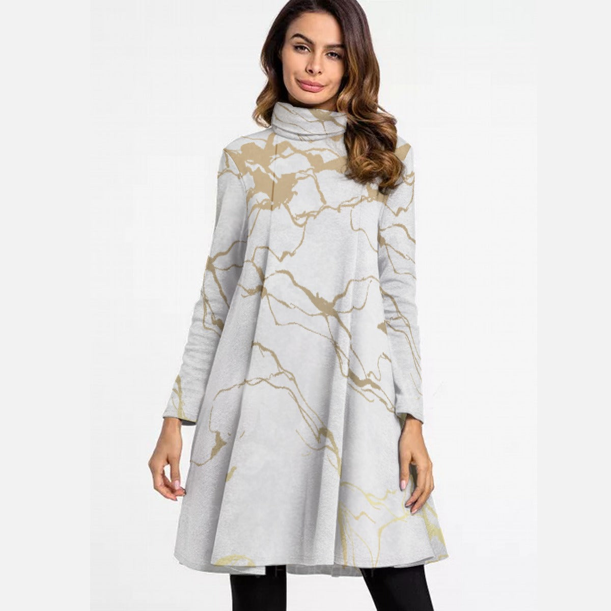 All-Over Print Women's High Neck Dress With Long Sleeve