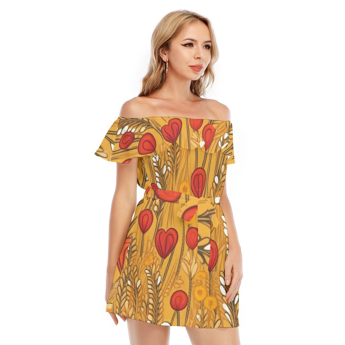 All-Over Print Women's Off-shoulder Dress With Ruffle