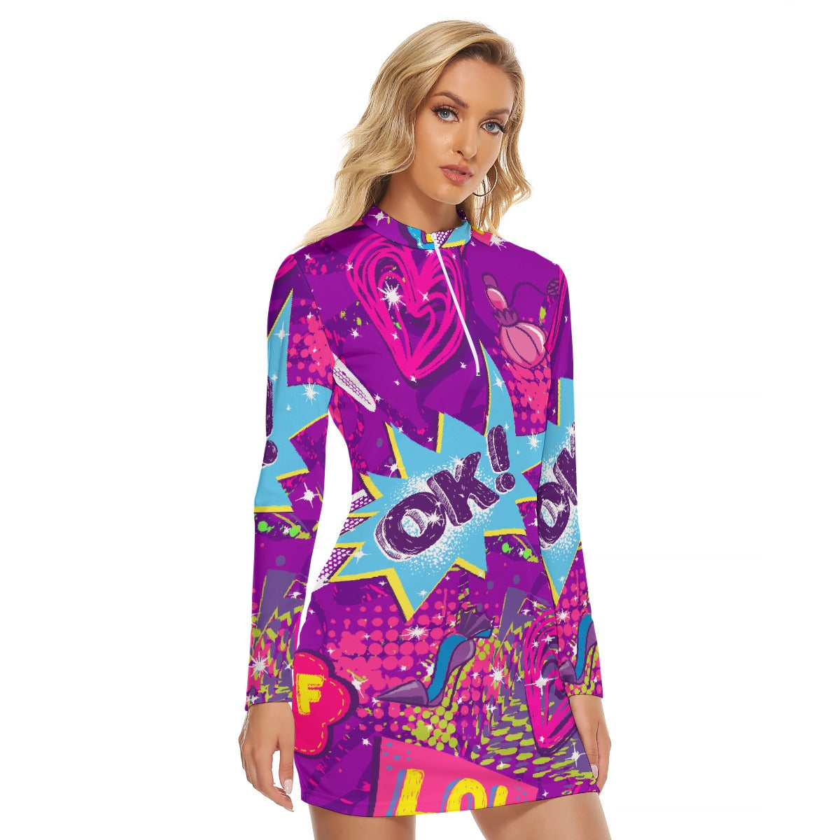 All-Over Print Women's Zip Front Tight Dress