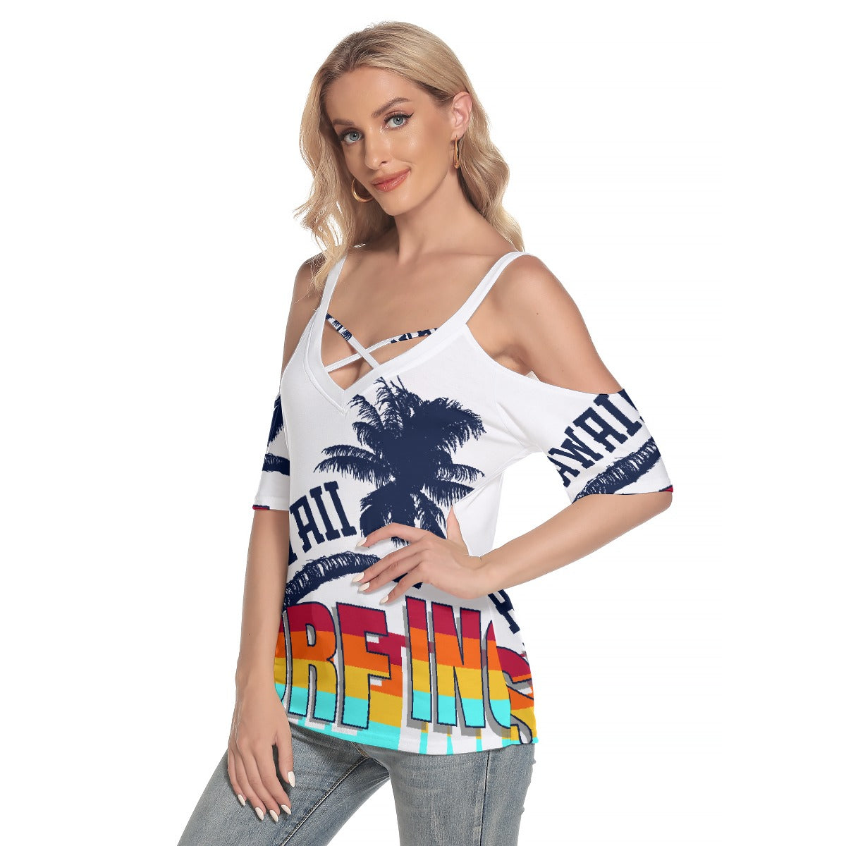 All-Over Print Women's Cold Shoulder T-shirt With Criss Cross Strips