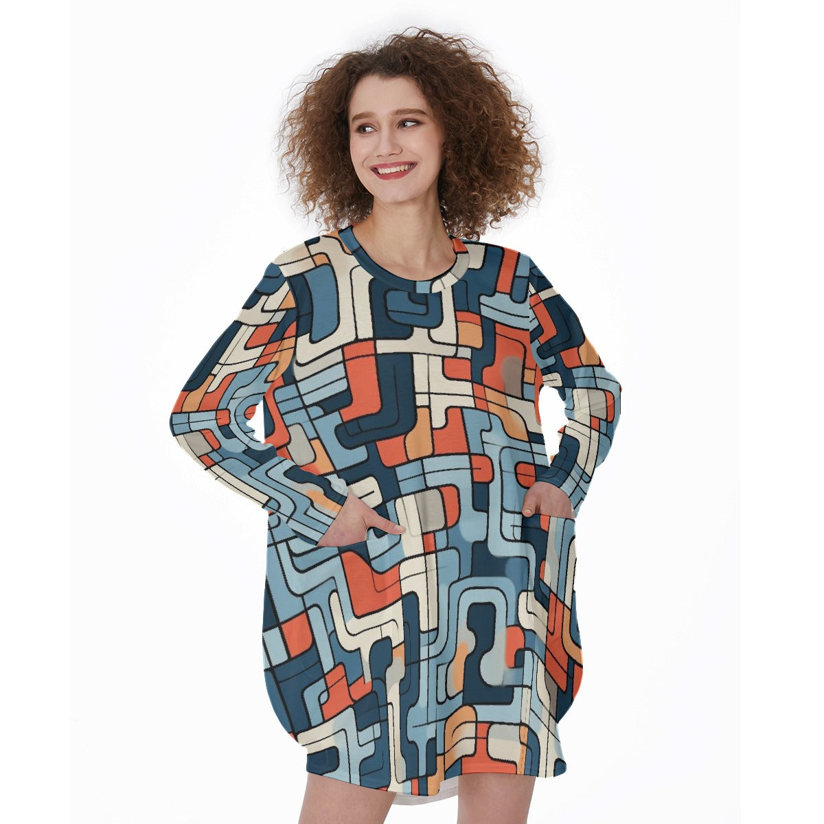 All-Over Print Women's Casual Loose Long Sleeve Dress With Pocket