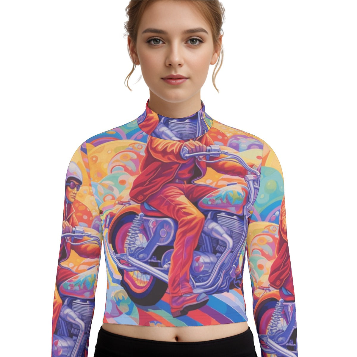 Eco-Friendly All-Over Print Women's Turtleneck T-shirt With Long Sleeve