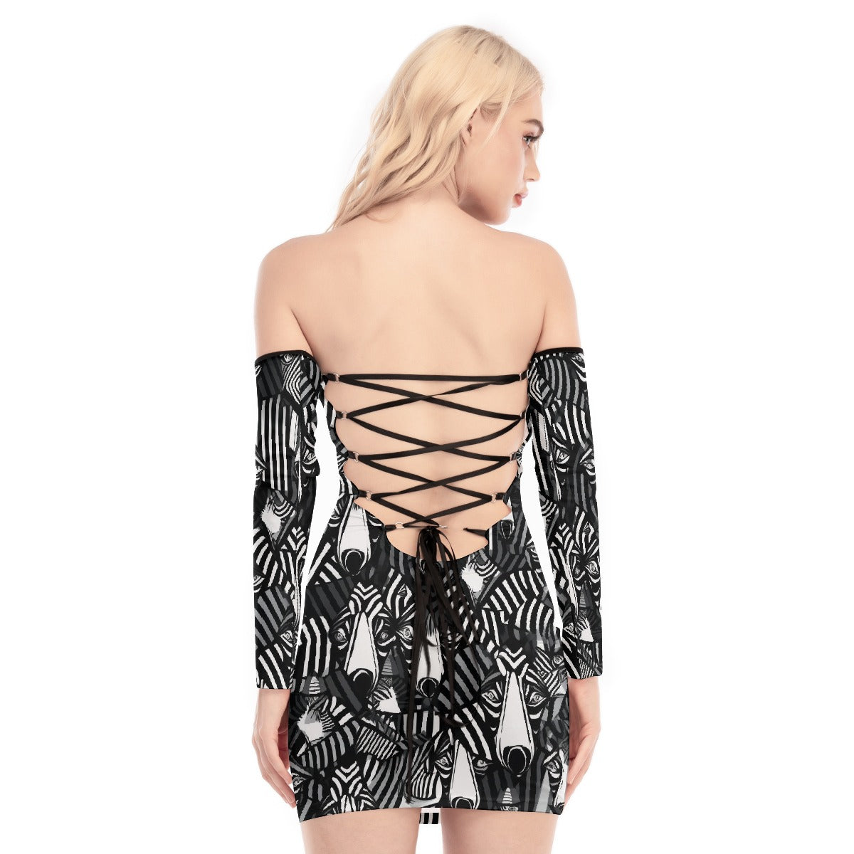 All-Over Print Women's Off-shoulder Back Lace-up Dress