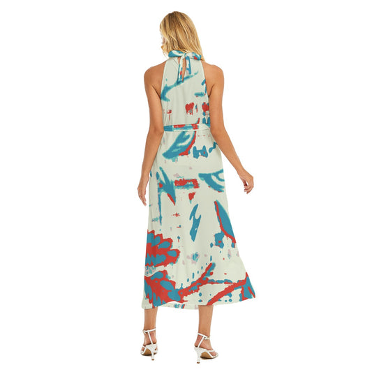 All-Over Print Women's Wrap Hem Belted Halter Dress