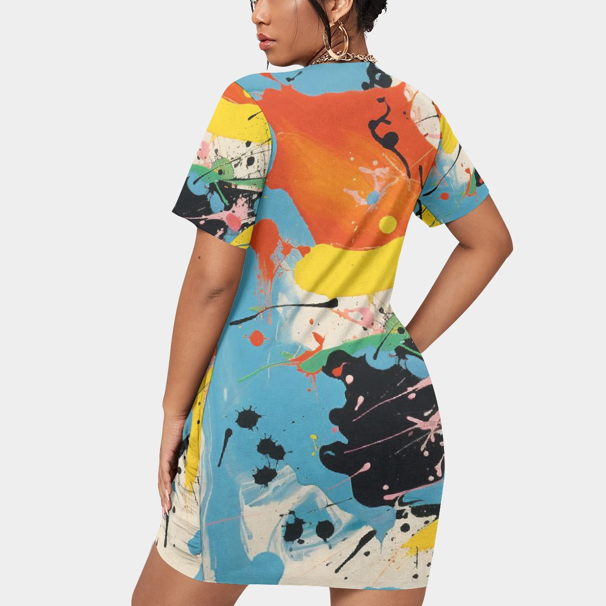 All-Over Print Women’s Stacked Hem Dress With Short Sleeve（Plus Size）