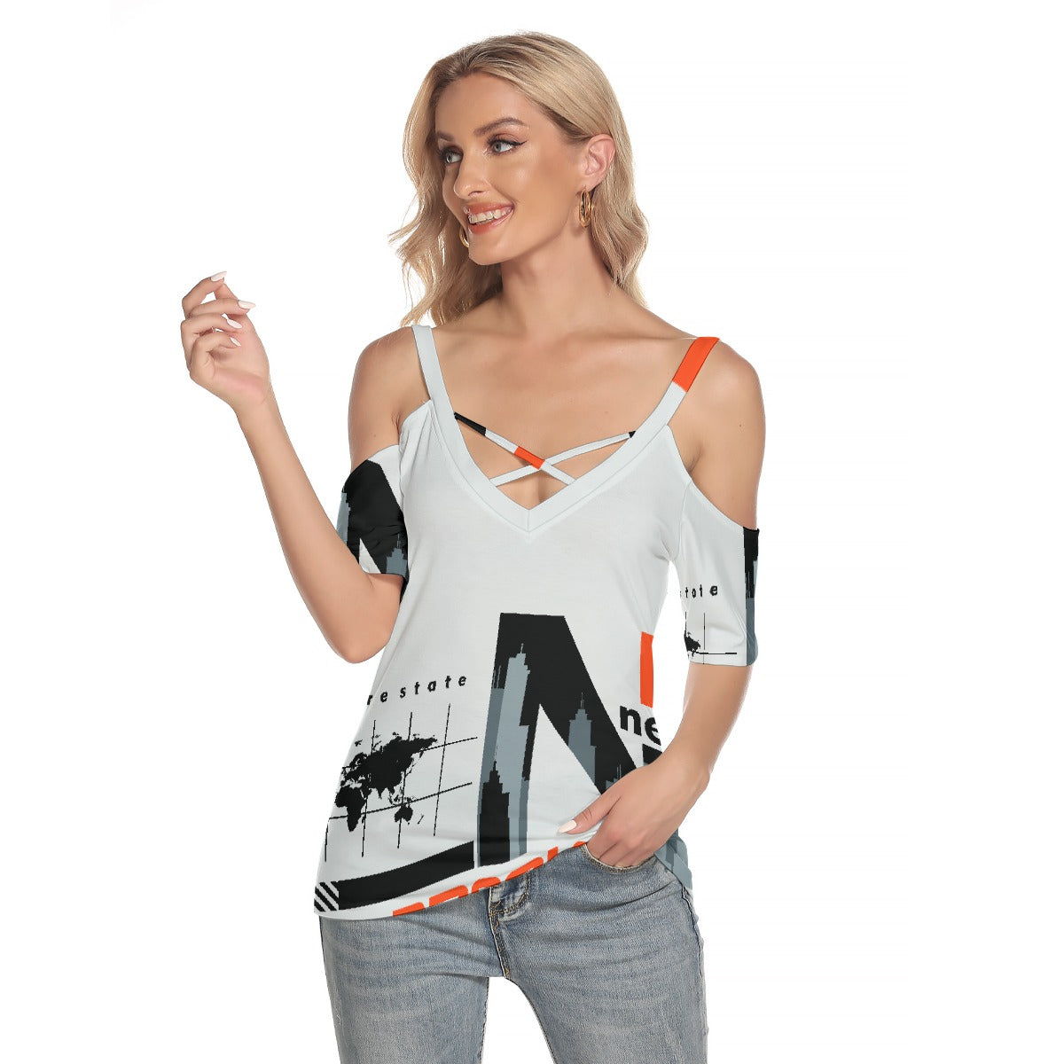 All-Over Print Women's Cold Shoulder T-shirt With Criss Cross Strips