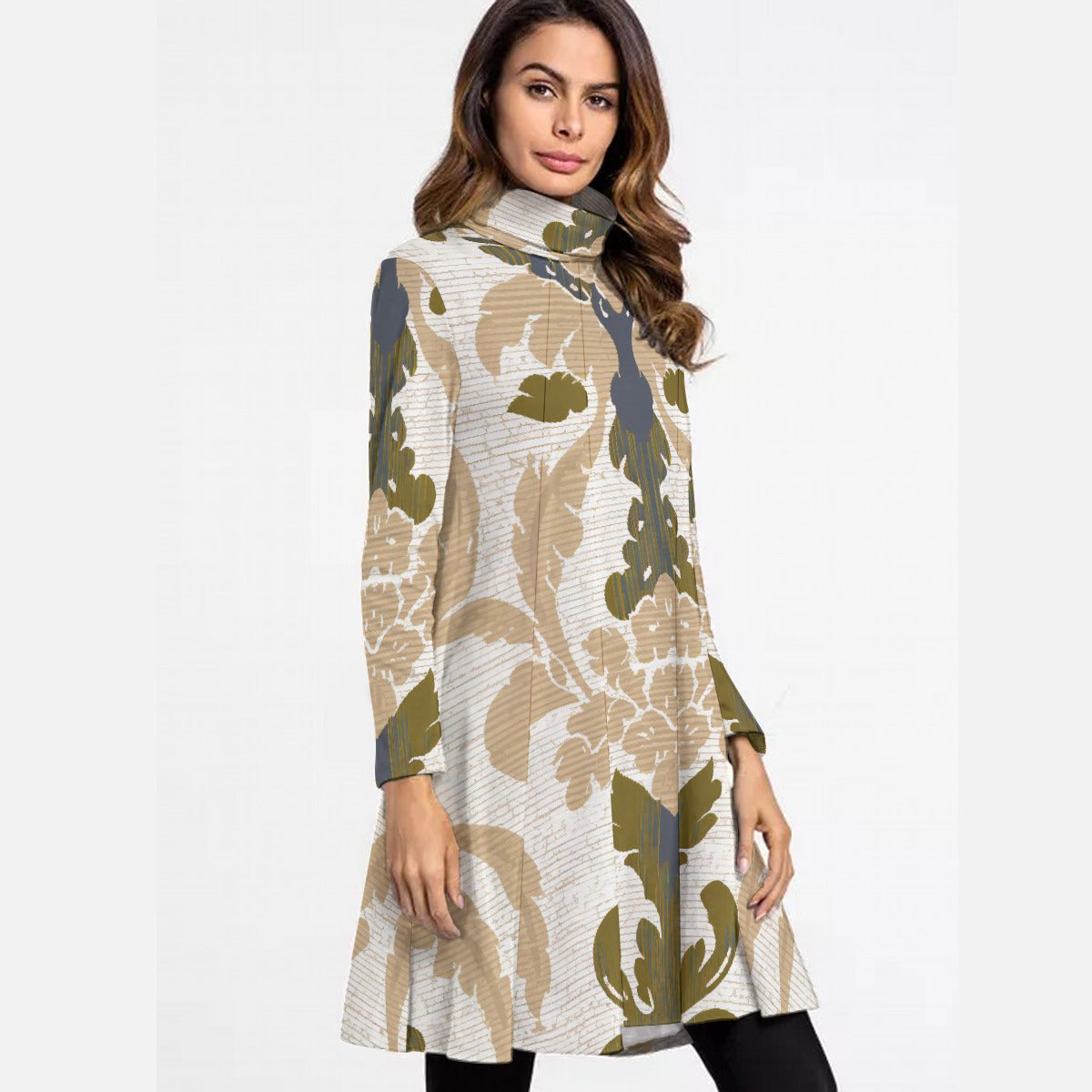 All-Over Print Women's High Neck Dress With Long Sleeve