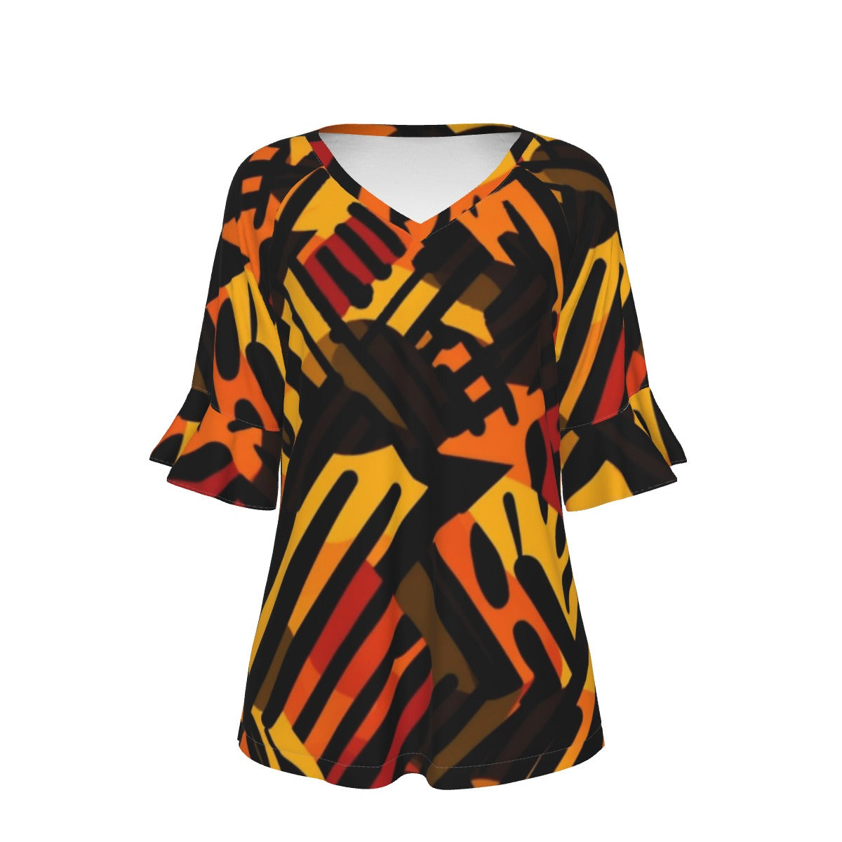 All-Over Print V-neck Women's T-shirt With Bell Sleeve