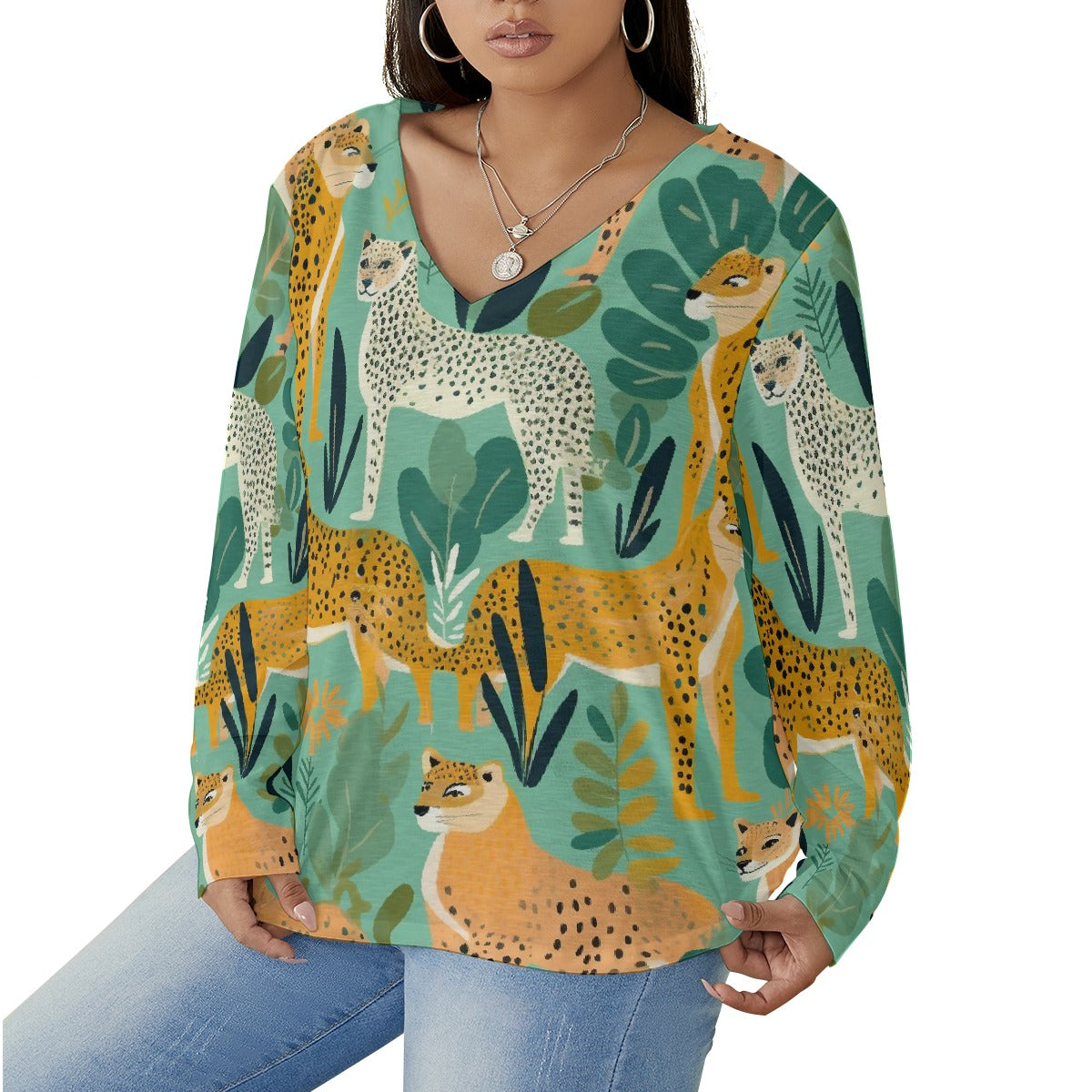 All-Over Print Women's V-neck T-shirt With Curved Hem(Plus Size)