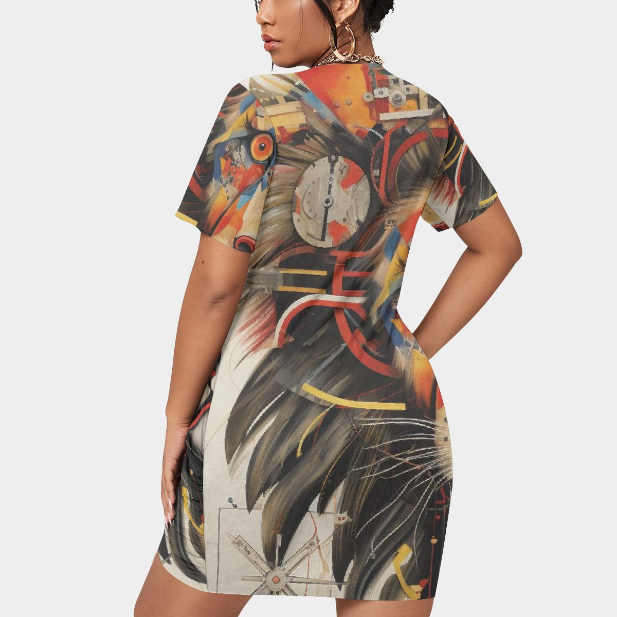 All-Over Print Women’s Stacked Hem Dress With Short Sleeve（Plus Size）