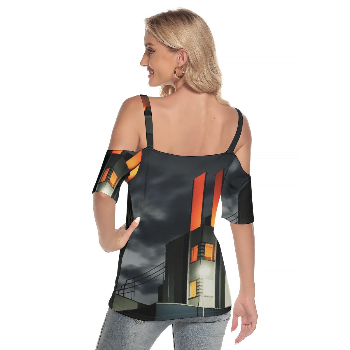 All-Over Print Women's Cold Shoulder T-shirt With Criss Cross Strips