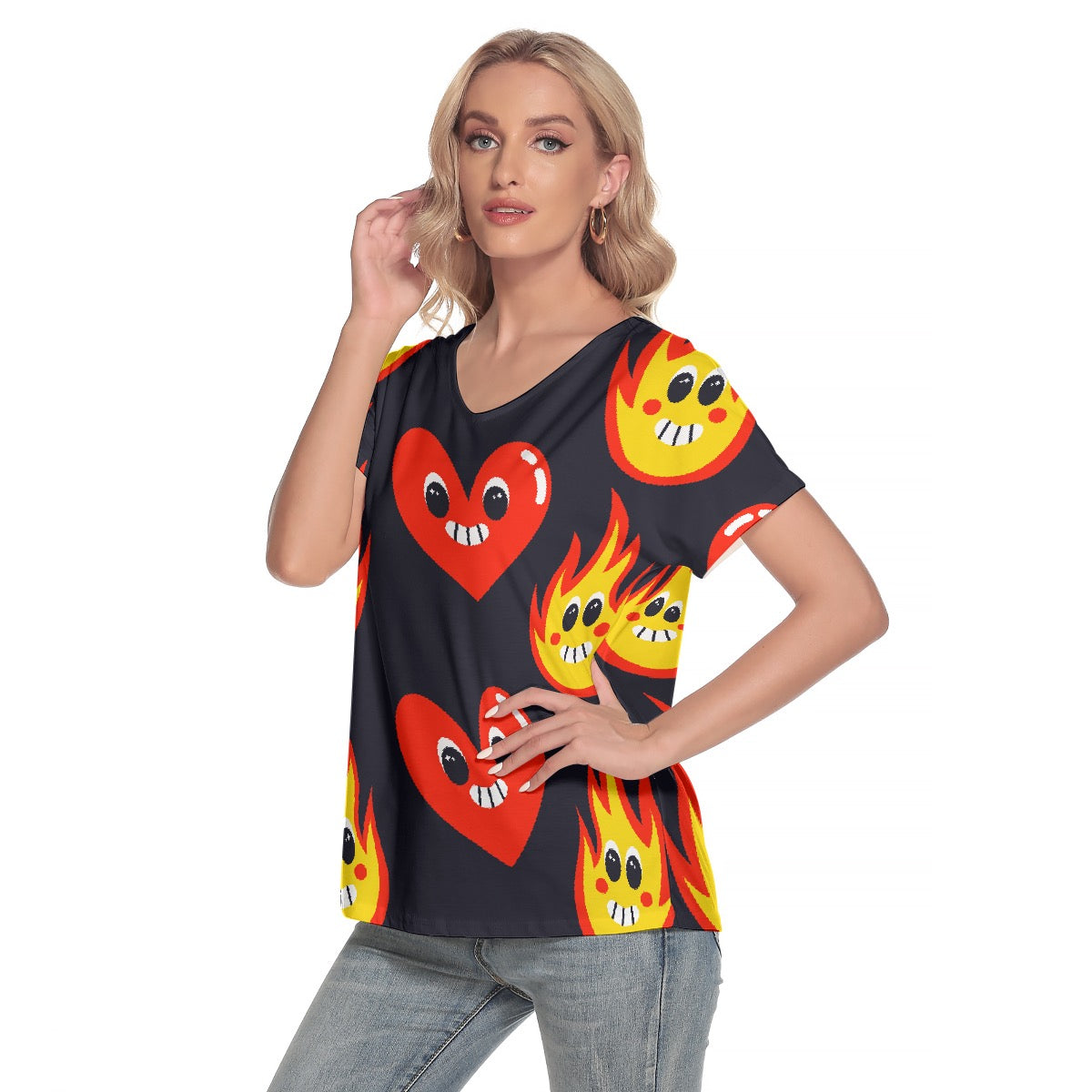 All-Over Print Women's Loose V-neck Short Sleeve T-shirt