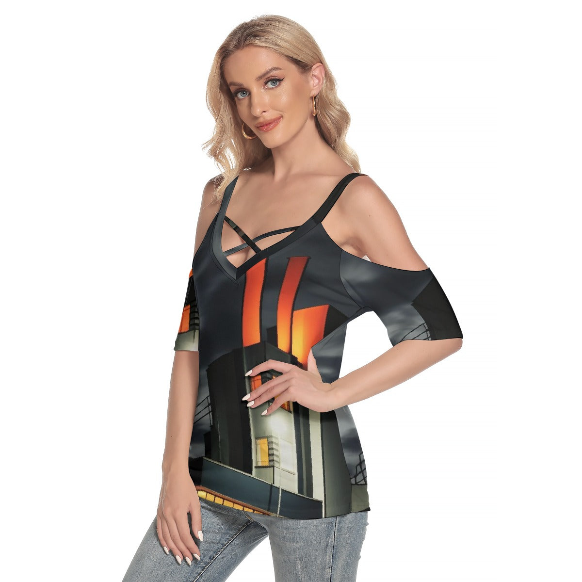 All-Over Print Women's Cold Shoulder T-shirt With Criss Cross Strips